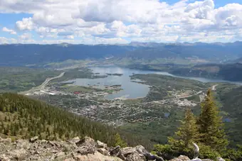Dillon Reservoir from the air, ringed by the mountains of Summit County