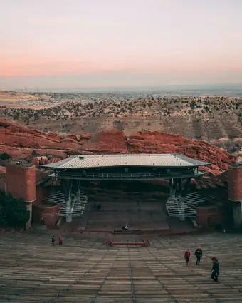 Red Rocks Amphitheatre seen from above, between its sandstone walls