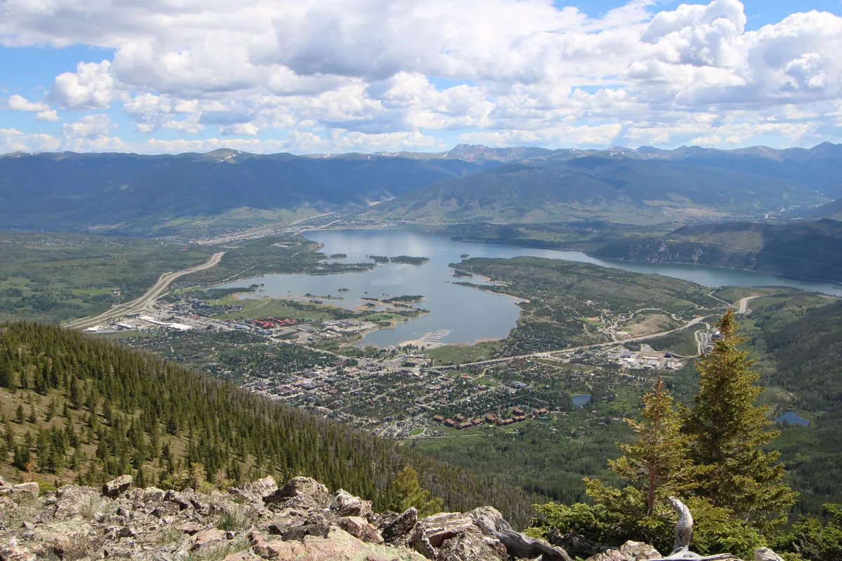 Dillon Reservoir from the air, ringed by the mountains of Summit County